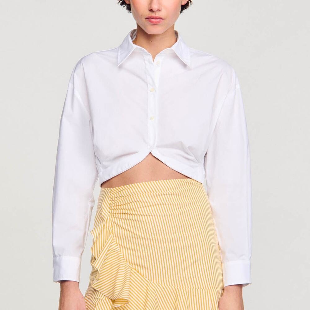 Sandro Michelle Cropped Crisp White Poplin Shirt.